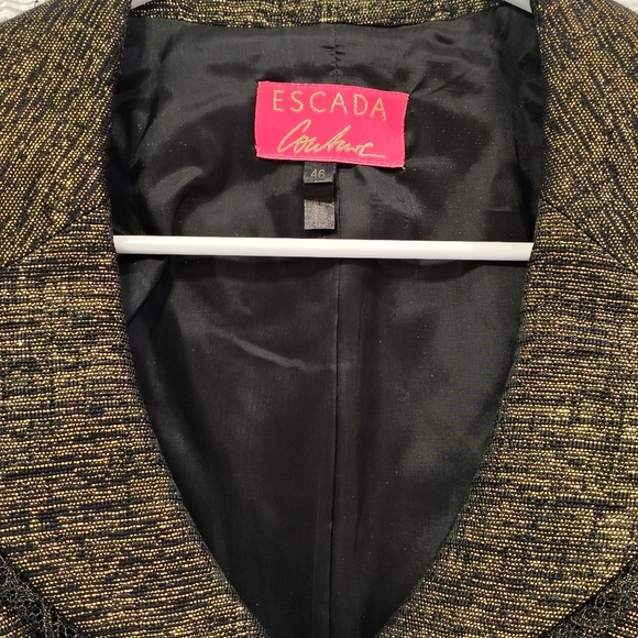 VINTAGE 1980'S XXL ESCADA COUTURE BLACK GOLD METALLIC BLAZER ORGANZA TRIM TWEE - Picture 3 of 5